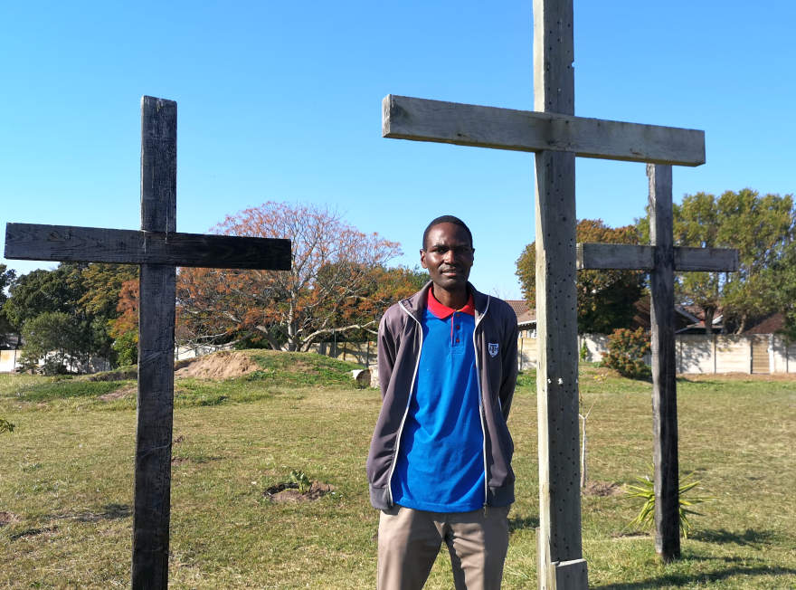 Blessing Marunga at the crosses at Fountain Vineyard Christian Fellwoship, Port Elizabeth, where believers will unite in prayer for revival for an hour every day from August 1 to October 31.
