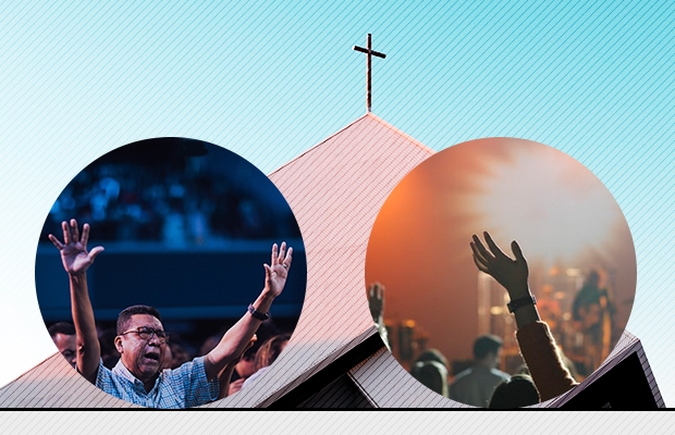 A pastor worships God, a church, and a believer joins in praise and worship.
