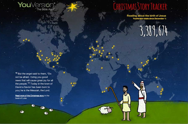 Created by Bible app YouVersion, a Christmas Story Tracker is actually a live map so that when someone reads a Christmas story with the app, in the map lights up a star in a country.