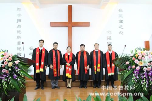 The newly ordained pastor (the third on the left) stood with other pastors in Gospel Church in Guancheng, Dongguan, Guangdong, on August 21, 2021.