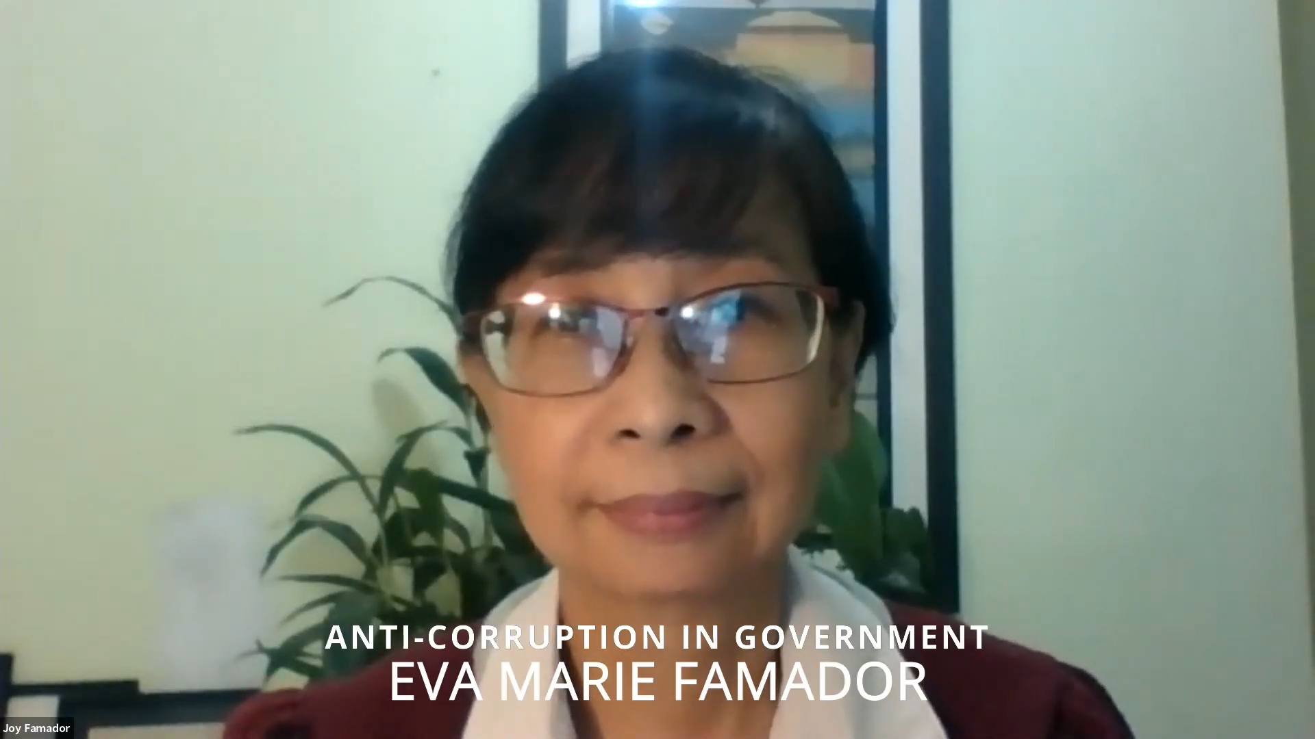 Eva Marie ‘Joy’ Famador, the executive director of Christian Convergence for Good Governance, delivered a speech titled “Anti-corruption in Government: Perspectives and Practices” on August 21, 2021. 