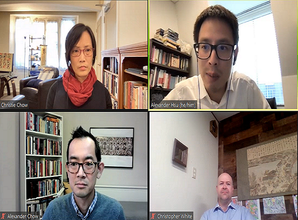 The panel discussion among Christie Chui-Shan Chow, Alexander Chow, Christopher White, and Moderator Alexander Hsu, the Liu Institute Academic Advisor proceeded in the book launch on October 15, 2021.