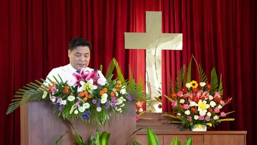 Rev. Fan Hongen, chairman of Guangdong TSPM, preached a sermon in a celebration for the 130th anniversary of the foundation of Taicheng Church in Taishan, Guangdong, on October 16, 2021.