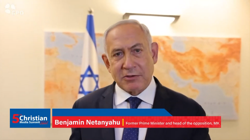 Benjamin Netanyahu,former Israeli prime minister and opposition leader, spoke at the fifth Christian Media Summit in Jerusalem, Israel, on November 11, 2021.