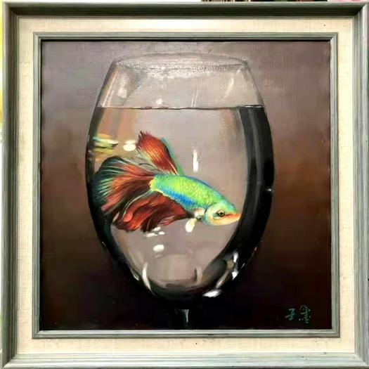An oil painting of a fish swimming in a cup of water by Zhang Qiang 