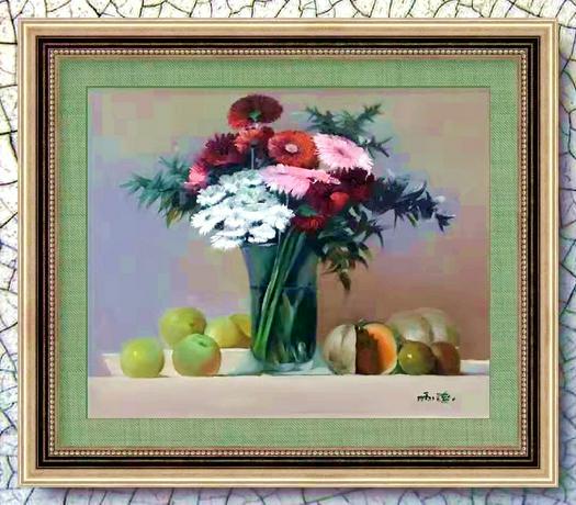 An oil painting of flowers and vegetables by Zhang Qiang 