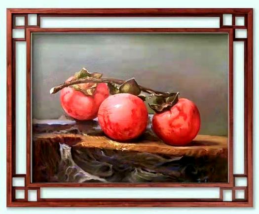An oil painting of three persimmons by Zhang Qiang 