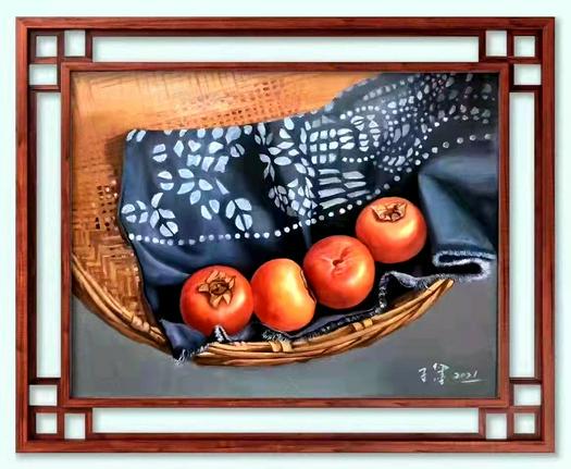 An oil painting of four persimmons by Zhang Qiang