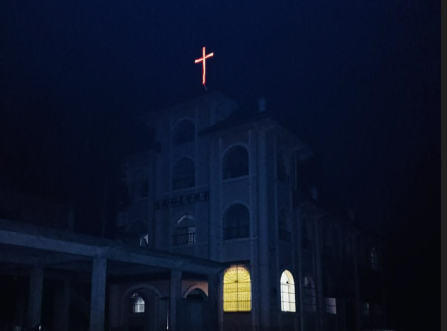 Liangfeng'ao Church at night in Zhaotong City, Yunnan Province