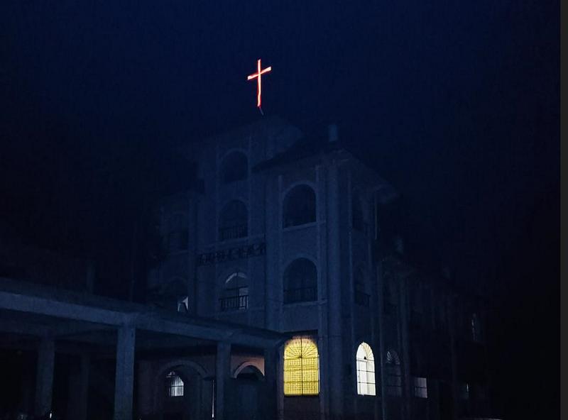 Liangfeng'ao Church at night in Zhaotong City, Yunnan Province