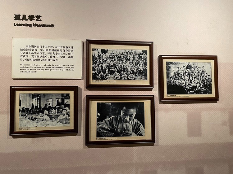 Four pictures hung in Tuwan Bay Museum, Shanghai, show students learning handicraft in a primary school established by Tuwan Bay Orphage.