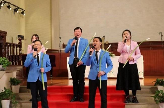 Members of Shishan Church in Suzhou City, Jiangsu Province, sang a hymn during a worship service on Easter Sunday, April 9, 2023.