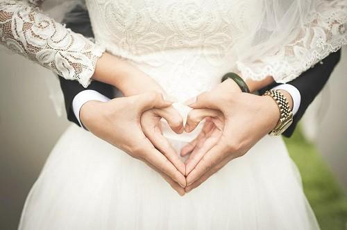 A picture of a couple holding hands in a heart shap